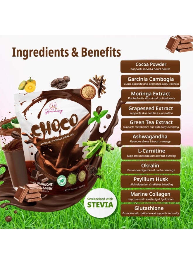 Glowming Choco Chocolate Powder Drink Mix 200g (10 x 20g Sachets) with Glutathione & Marine Collagen Stevia Sweetened Halal Supplement Beverage - Image 4
